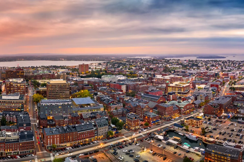 Aerial view of Portland, Maine at dusk.